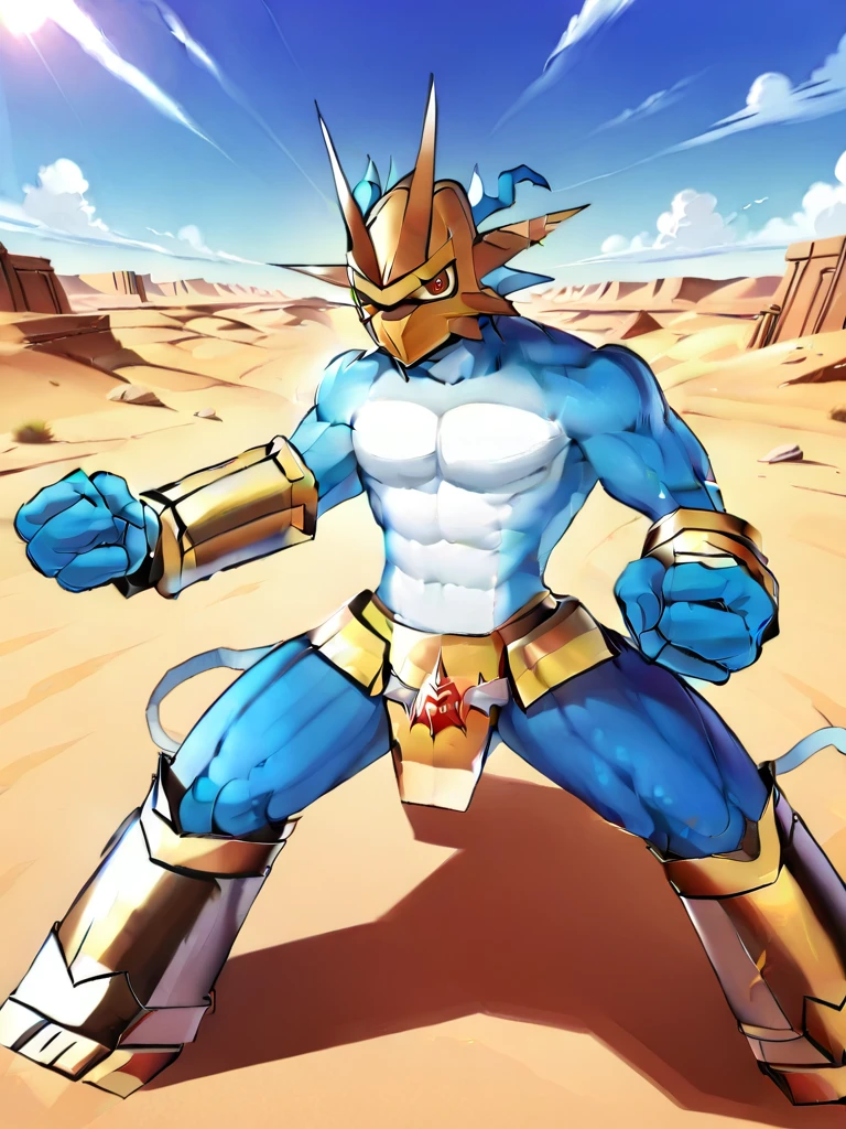 solo,angry Magnamon,tall, musclar,blue and white skin,(battle damaged:1.5),(topless Magnamon:2),(armor fragments:1.5),(shirtless:1.5), fighting_stance, in desert ,full_shot
