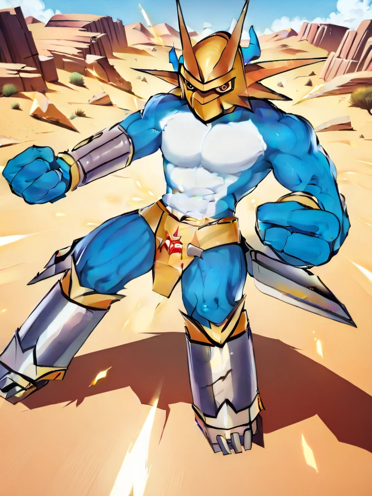 solo,angry Magnamon,tall, musclar,blue and white skin,(battle damaged:1.5),(topless Magnamon:2),(armor fragments:1.5),(shirtless:1.5), fighting_stance, in desert ,full_shot
