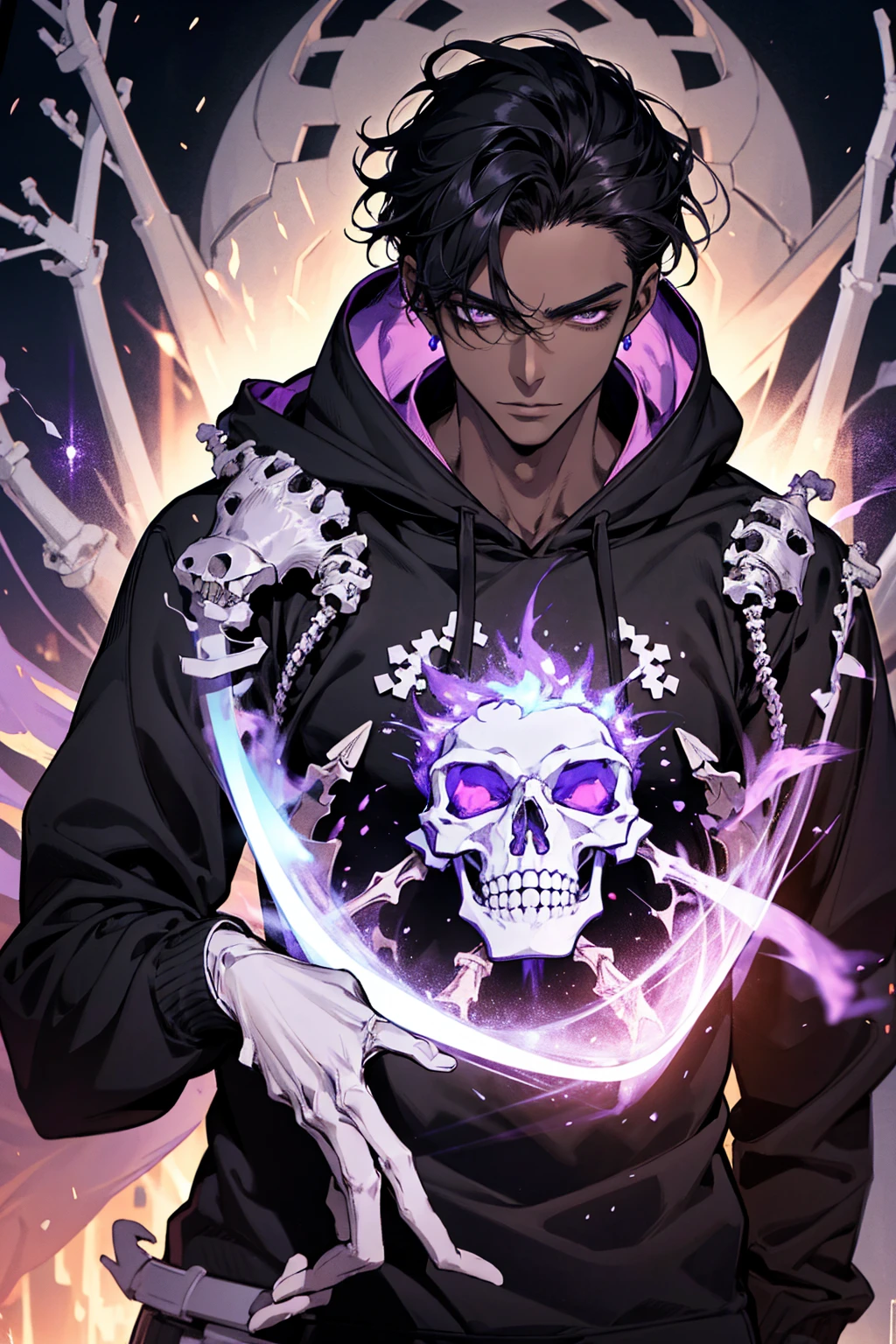 male with bones, looking away from camera, skulls, bones, handsome, black, dark skin, tall, broad shoulders, black hair, purple, purple fire, magic, detailed face, fantasy, hoodie