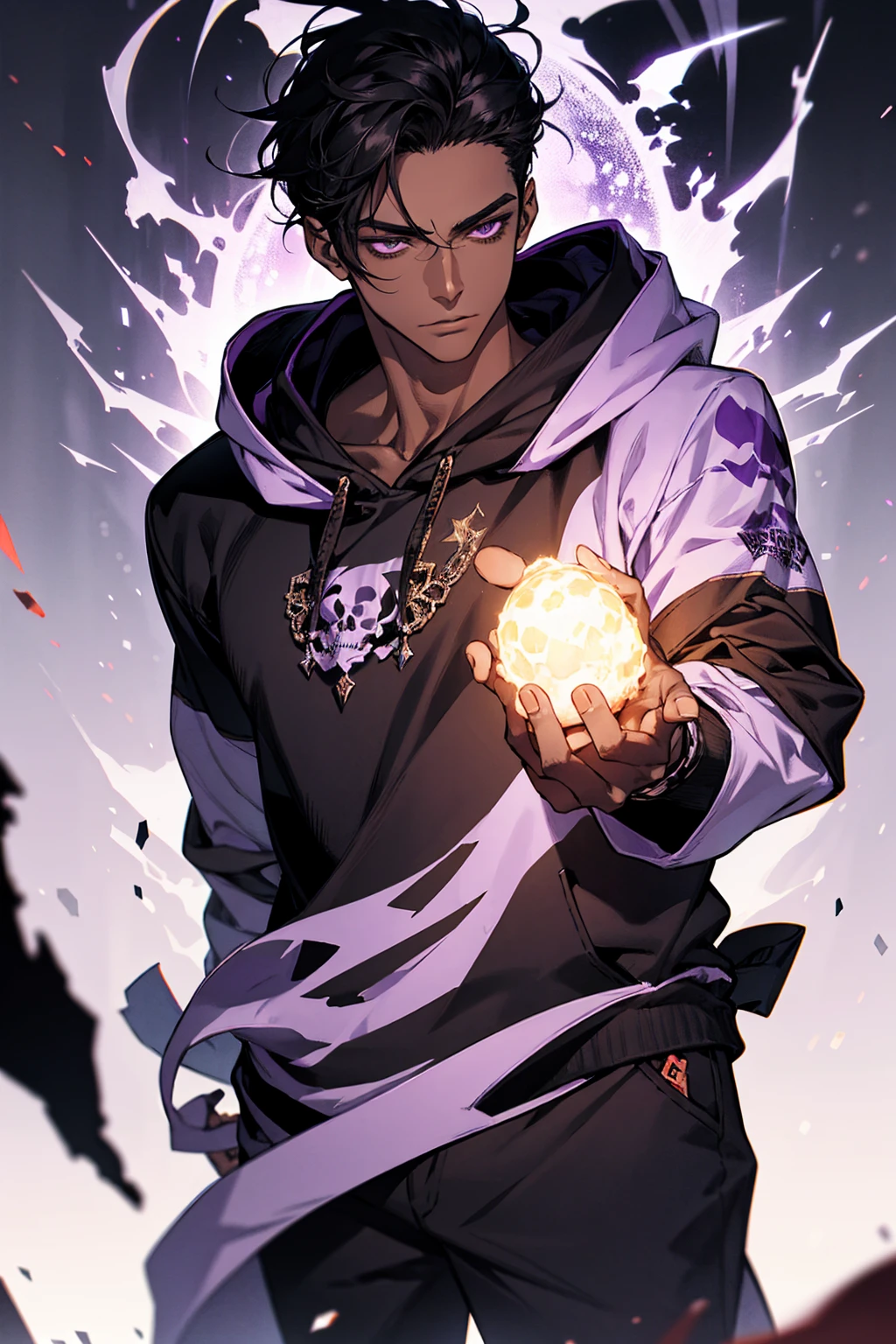 male with bones, looking away from camera, skulls, bones, handsome, black, dark skin, tall, broad shoulders, black hair, purple, purple fire, magic, detailed face, fantasy, hoodie