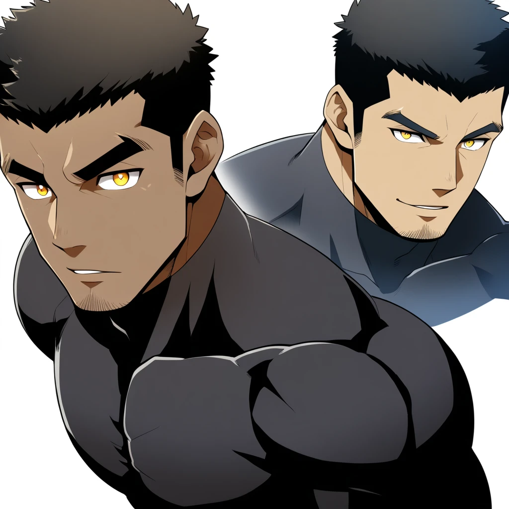 one negro, anime characters:Gyee, Hibino Kafka, Muscle Sports Student, negro black skin, Very Black, muscular tough guy, Manliness, male focus, Dark grey turtleneck tight T-shirt, Regular symmetrical pattern, Very tight, muscular male, muscular, only, Upper body, alone, Black short hair, Thick eyebrows, stubble, Yellow eyes, White background, simple background, amazing quality, best aesthetics, Ridiculous, bright pupils, crew cut, parted lips, seductive smile, torogao, naughty face, best quality