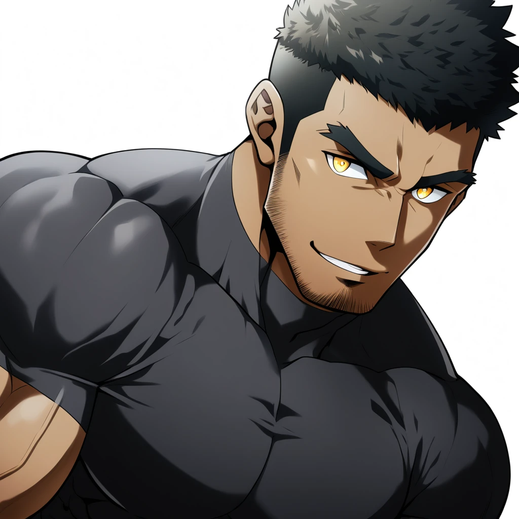 one negro, anime characters：Gyee, Hibino Kafka, Muscle Sports Student, negro black skin, Very Black, muscular tough guy, Manliness, male focus, Dark grey turtleneck tight T-shirt, Regular symmetrical pattern, Very tight, muscular male, muscular, only, Upper body, alone, Black short hair, Thick eyebrows, stubble, Yellow eyes, White background, simple background, amazing quality, best aesthetics, Ridiculous, bright pupils, crew cut, parted lips, seductive smile, torogao, naughty face, best quality