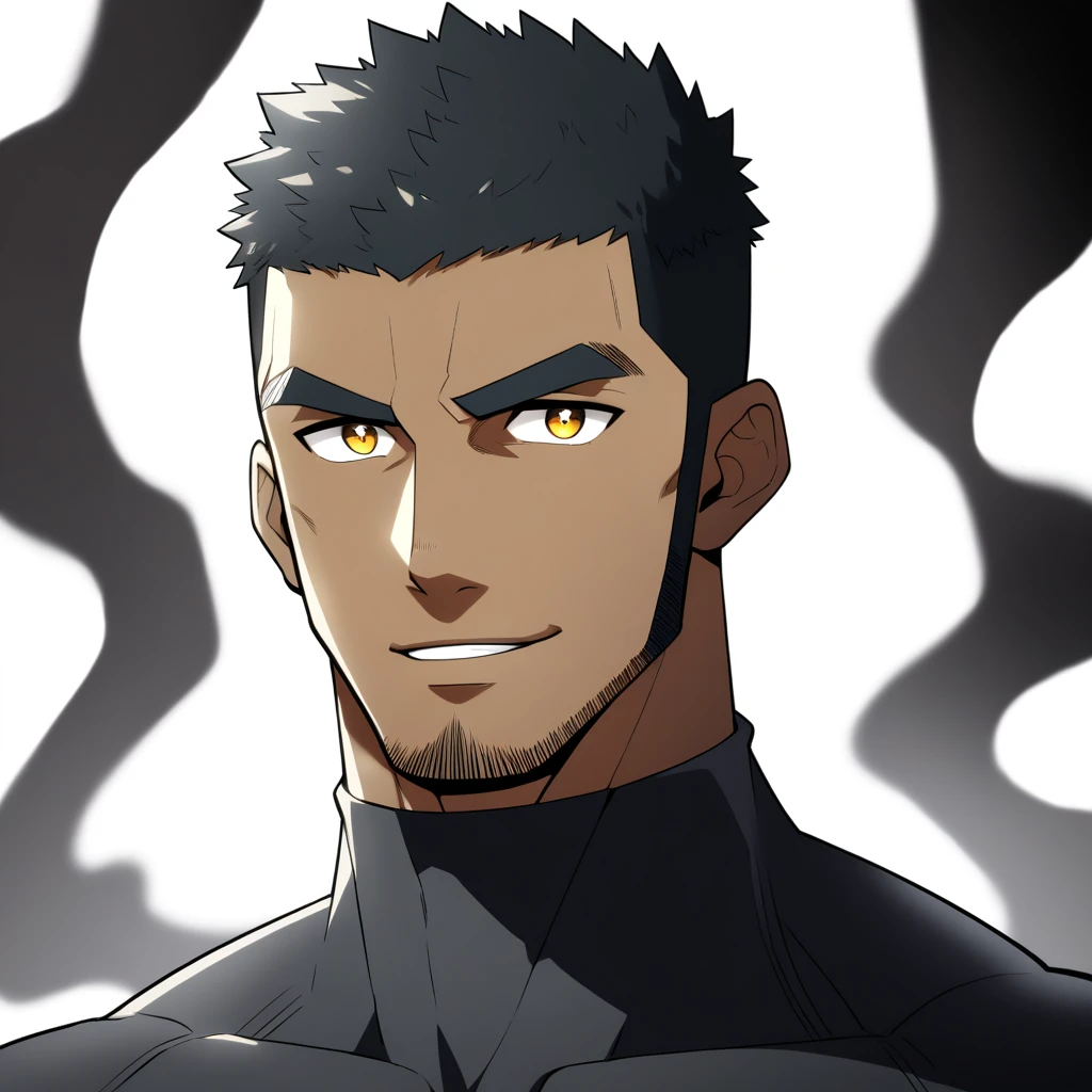 one negro, anime characters:Gyee, Hibino Kafka, Muscle Sports Student, negro black skin, Very Black, muscular tough guy, Manliness, male focus, Dark grey turtleneck tight T-shirt, Regular symmetrical pattern, Very tight, muscular male, muscular, only, Upper body, alone, Black short hair, Thick eyebrows, stubble, Yellow eyes, White background, simple background, amazing quality, best aesthetics, Ridiculous, bright pupils, crew cut, parted lips, seductive smile, torogao, naughty face, best quality