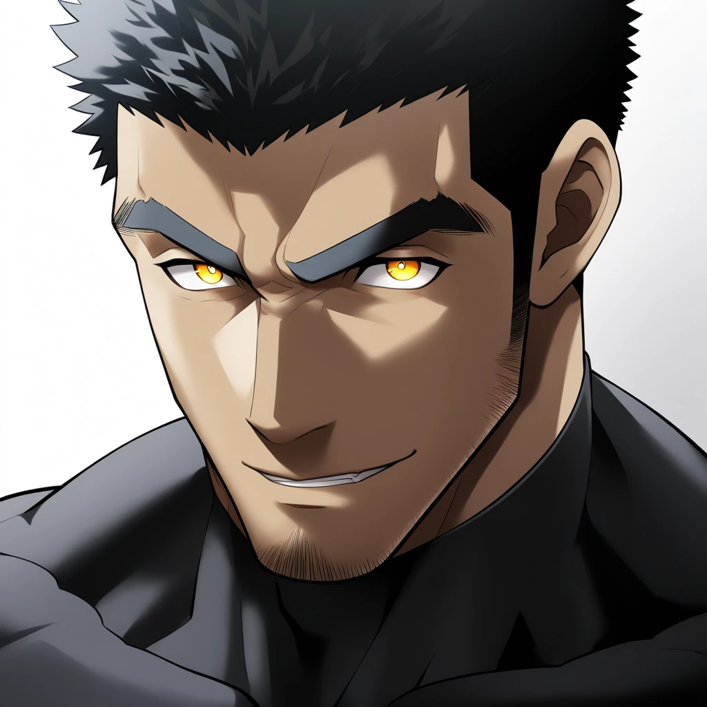 one negro, anime characters:Gyee, Hibino Kafka, Muscle Sports Student, negro black skin, Very Black, muscular tough guy, Manliness, male focus, Dark grey turtleneck tight T-shirt, Regular symmetrical pattern, Very tight, muscular male, muscular, only, Upper body, alone, Black short hair, Thick eyebrows, stubble, Yellow eyes, White background, simple background, amazing quality, best aesthetics, Ridiculous, bright pupils, crew cut, parted lips, seductive smile, torogao, naughty face, best quality