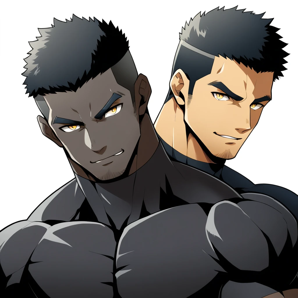 one negro, anime characters：Gyee, Hibino Kafka, Muscle Sports Student, negro black skin, Very Black, muscular tough guy, Manliness, male focus, Dark grey turtleneck tight T-shirt, Regular symmetrical pattern, Very tight, muscular male, muscular, only, Upper body, alone, Black short hair, Thick eyebrows, stubble, Yellow eyes, White background, simple background, amazing quality, best aesthetics, Ridiculous, bright pupils, crew cut, parted lips, seductive smile, torogao, naughty face, best quality