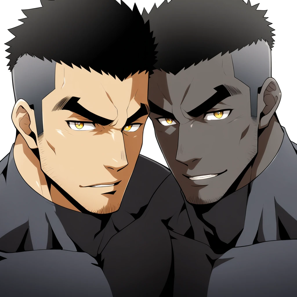 one negro, anime characters：Gyee, Hibino Kafka, Muscle Sports Student, negro black skin, Very Black, muscular tough guy, Manliness, male focus, Dark grey turtleneck tight T-shirt, Regular symmetrical pattern, Very tight, muscular male, muscular, only, Upper body, alone, Black short hair, Thick eyebrows, stubble, Yellow eyes, White background, simple background, amazing quality, best aesthetics, Ridiculous, bright pupils, crew cut, parted lips, seductive smile, torogao, naughty face, best quality