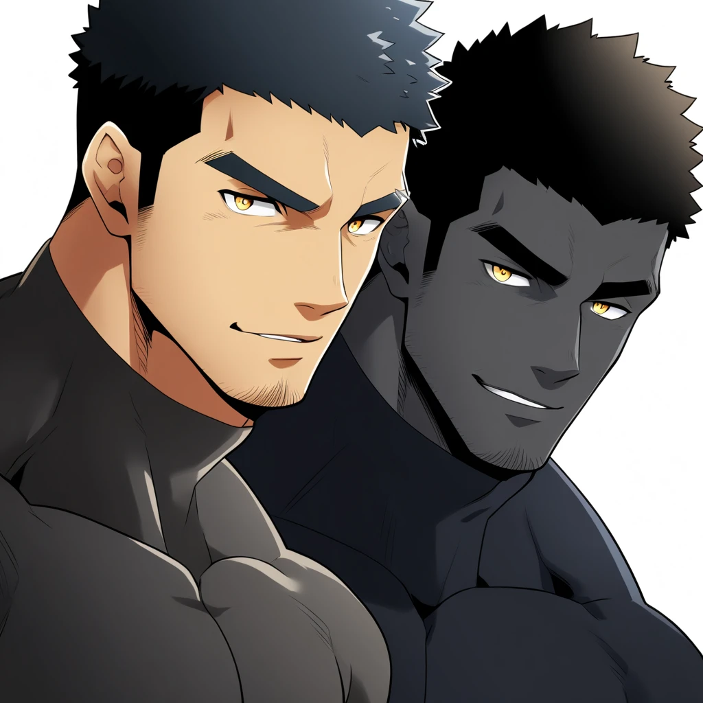 one negro, anime characters：Gyee, Hibino Kafka, Muscle Sports Student, negro black skin, Very Black, muscular tough guy, Manliness, male focus, Dark grey turtleneck tight T-shirt, Regular symmetrical pattern, Very tight, muscular male, muscular, only, Upper body, alone, Black short hair, Thick eyebrows, stubble, Yellow eyes, White background, simple background, amazing quality, best aesthetics, Ridiculous, bright pupils, crew cut, parted lips, seductive smile, torogao, naughty face, best quality