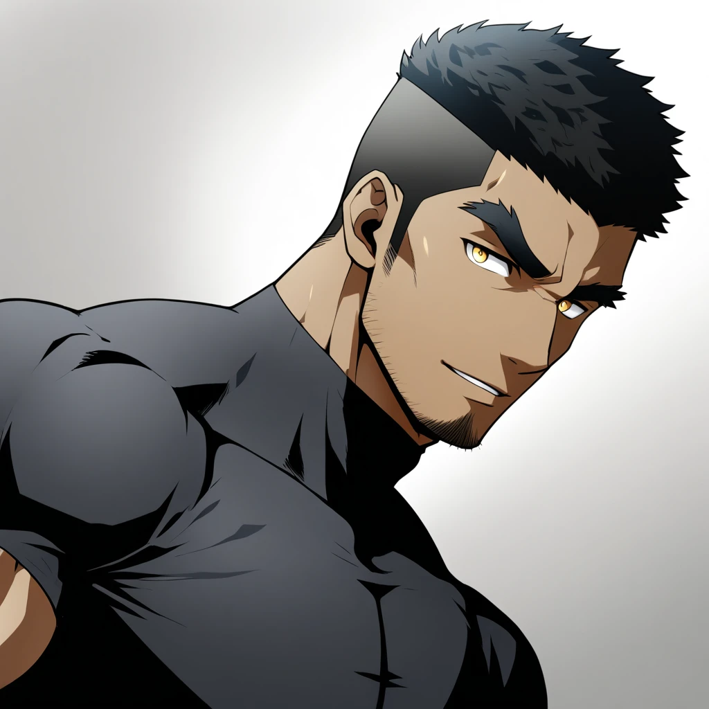 one negro, anime characters:Gyee, Hibino Kafka, Muscle Sports Student, negro black skin, Very Black, muscular tough guy, Manliness, male focus, Dark grey turtleneck tight T-shirt, Regular symmetrical pattern, Very tight, muscular male, muscular, only, Upper body, alone, Black short hair, Thick eyebrows, stubble, Yellow eyes, White background, simple background, amazing quality, best aesthetics, Ridiculous, bright pupils, crew cut, parted lips, seductive smile, torogao, naughty face, best quality