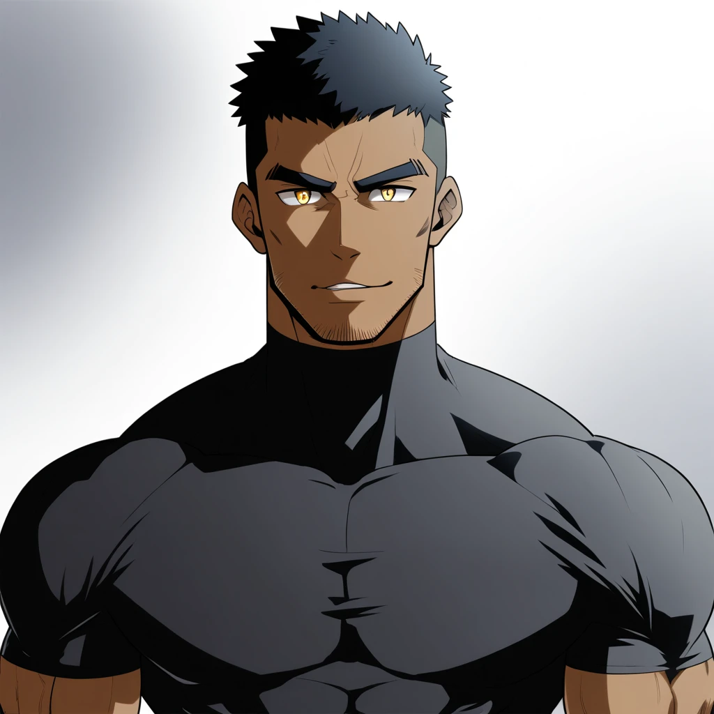 one negro, anime characters：Gyee, Hibino Kafka, Muscle Sports Student, negro black skin, Very Black, muscular tough guy, Manliness, male focus, Dark grey turtleneck tight T-shirt, Regular symmetrical pattern, Very tight, muscular male, muscular, only, Upper body, alone, Black short hair, Thick eyebrows, stubble, Yellow eyes, White background, simple background, amazing quality, best aesthetics, Ridiculous, bright pupils, crew cut, parted lips, seductive smile, torogao, naughty face, best quality