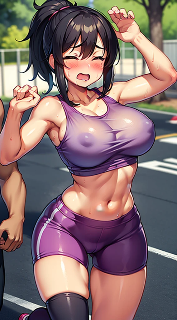 gym, workout, hot, sweating, sweaty, tan, big , tan skin, flustered, blush, purple clothes, see thru, yoga pants, black hair, soaked, wet, naked , cleavage, running, running, girl running, in pain, painfull, running, sprinting, eyes closed, screaming, screaming in pain, running, curvy, outside, at the park, marathon