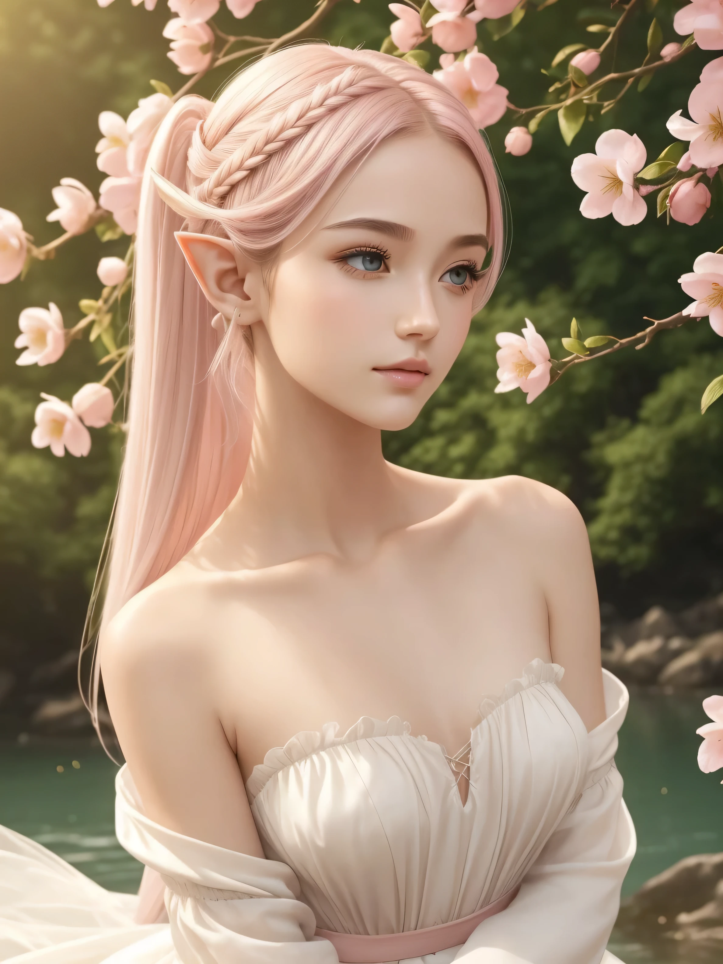 1Female elf, beautiful and charming in medieval fashion trend, full body: 1.6, holding flowers, random hairstyle, pointed ears, sitting under a tree, by the river, tight dress random color, light silver armor, upper back, wind blowing hair, blue sky and white clouds, delicate sexy collarbone, covering the chest, charming goose egg face, double eyelids, intelligent peach blossom eyes, pink lips, small upturned nose, bare shoulders, focused face, close up face, ultra-high definition, super detail, ultra-fine translucency, cool and good, transparent, pink