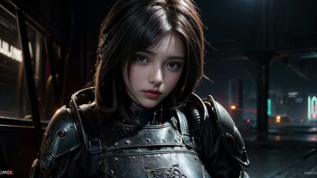 masterpiece,best quality,high resolution,8K,(Portrait Photos:1.5),(R Original Photo),The real situation,Digital Photography,(A fusion of cyberpunk and fantasy),(personal),Female Soldiers,Feel free to hairstyle,Cyberpunk City，street，By Bangs, Accessories,Shut up,Elegant and charming,Serious and arrogant,Calm and handsome,(Combination of cyberpunk and fantasy style clothing）,hollow-carved design,Large Breasts，Combined Armor,Photo poses,Realistic style,oc render reflection texture，，futuristic city，Medium distance photography