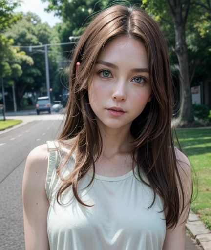White woman, 35 years old, Brown hair, longe hair, Nice hair, Green eyes, Nice face, Nice body, shy, running