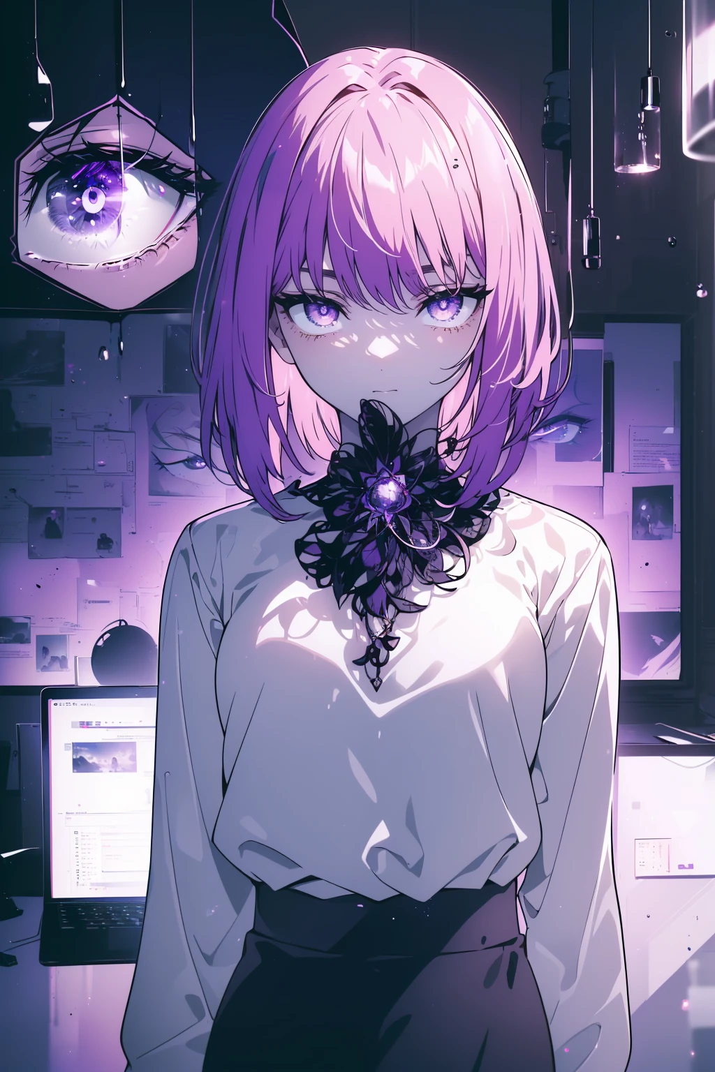 (Obra maestra, La mejor calidad, ultrahigh resolution), 1girl, standing, tech office background, white shirt with coding symbols, black pants, ((violet, violet hair:0.7), short hair cut, pale skin, ((violet eyes)), glowing_eyes, neon eyes, (ultra detailed eyes, beautiful and detailed face, detailed eyes), ((centered)), serious expression, ((wide shot)), facing viewer, eye level, (blurry background, modern tech background, indoors), average build, looking at viewer, ((focused eyes)), ((perfect hands)), (((head, arms, hips, elbows, in view))), ((holding a laptop)), confident posture, beautiful lighting, defined subject, 25 years old,