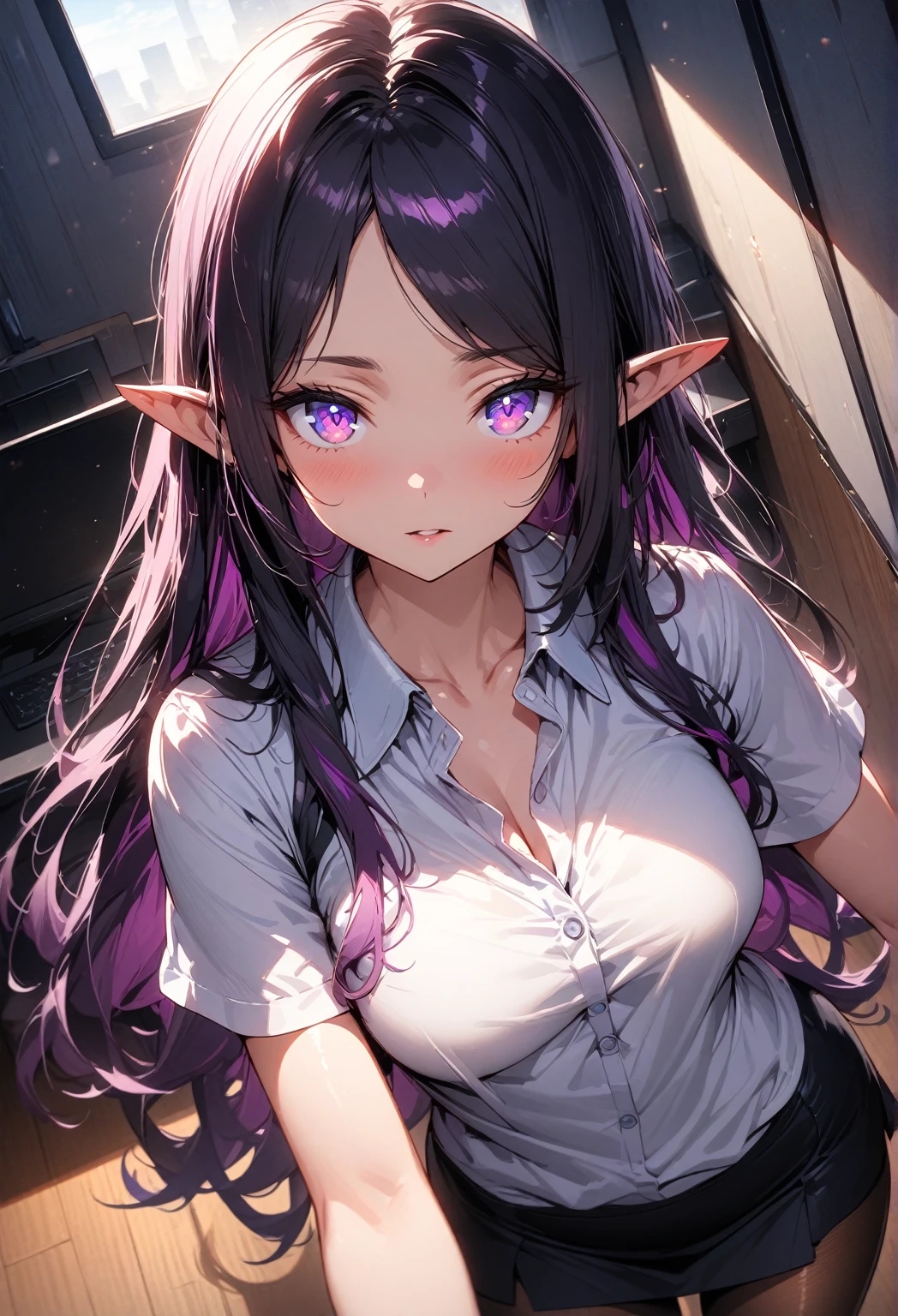 ((highest quality, best quality, masterpiece, ultra high definition, high dynamic range, ultra high resolution)), ((ultra-detailed illustrations:1.2)), 1 girl, solo, anime style, dynamic lighting, dynamic angle, looking at viewer, indoor, office, (beautiful detailed face, beautiful detailed skin, shiny skin, pointed ears, mid-chest), (beautiful detailed hair, parted bangs, long hair, black hair, dark purple hair, multi colored hair), (beautiful detailed eyes, beautiful detailed pupils, violet eyes), (white shirt, collared shirt, short sleeves, black mini skirt, pantyhose)