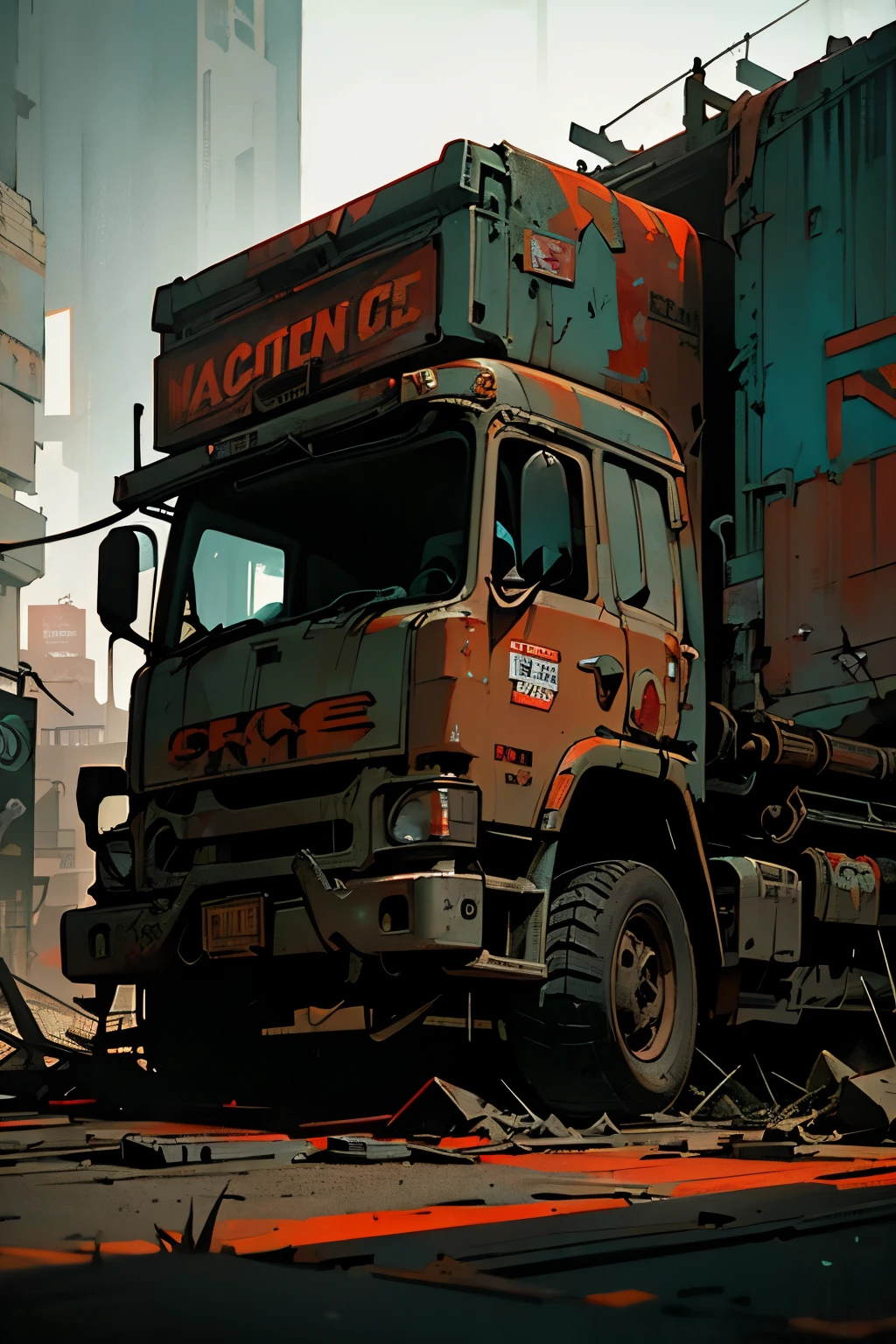 a rugged post-apocalyptic truck driver, a dilapidated old truck, gritty urban setting, vibrant neon lights, dystopian cyberpunk atmosphere, highly detailed, cinematic, dramatic lighting, grunge textures, weathered and worn surfaces, sense of isolation and loneliness, depth of field, rich color palette, moody and atmospheric
