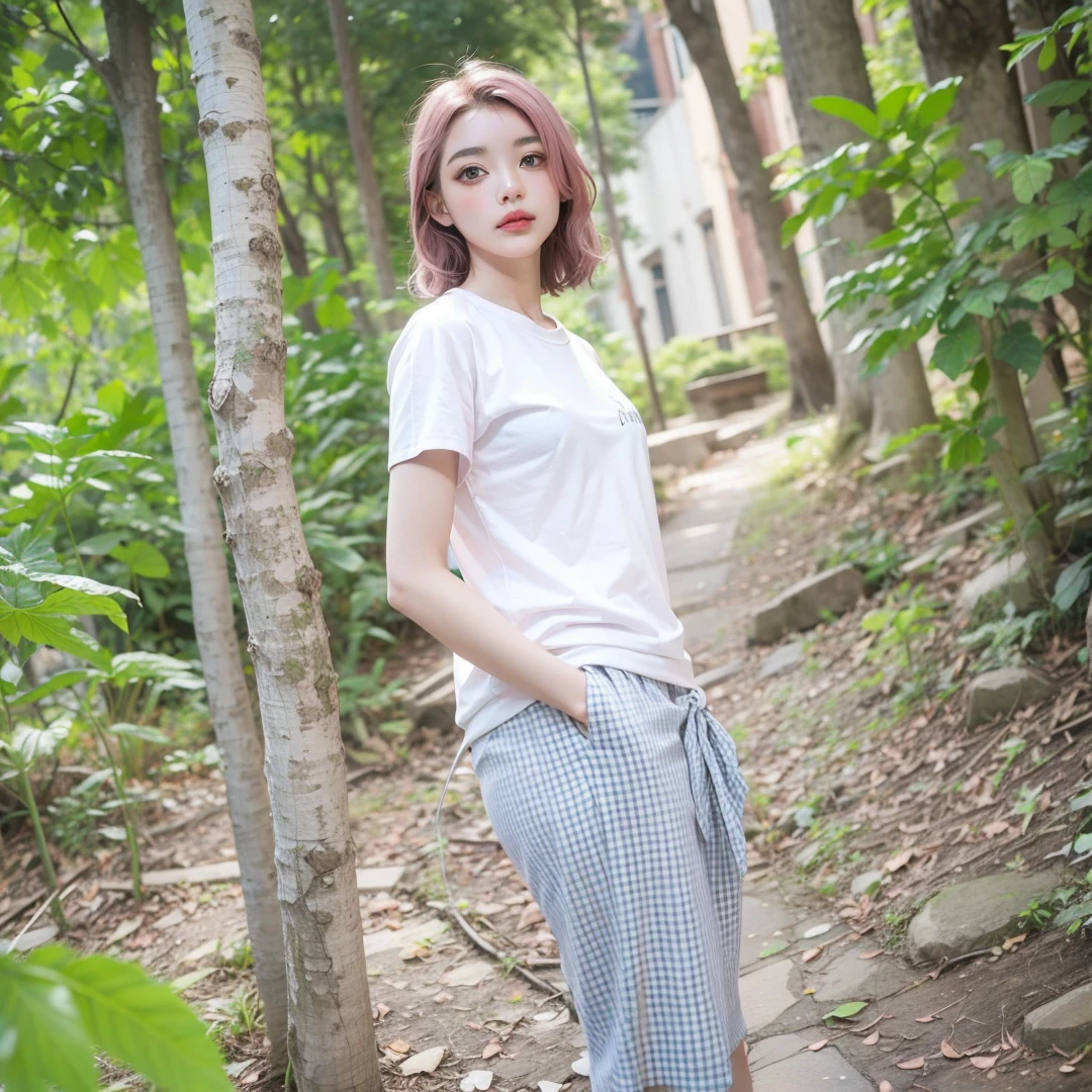 Light pink hair, pink eyes, pink and white, sakura leafs, vivid colors, white dress, paint splash, simple background, ray tracing, wavy hair