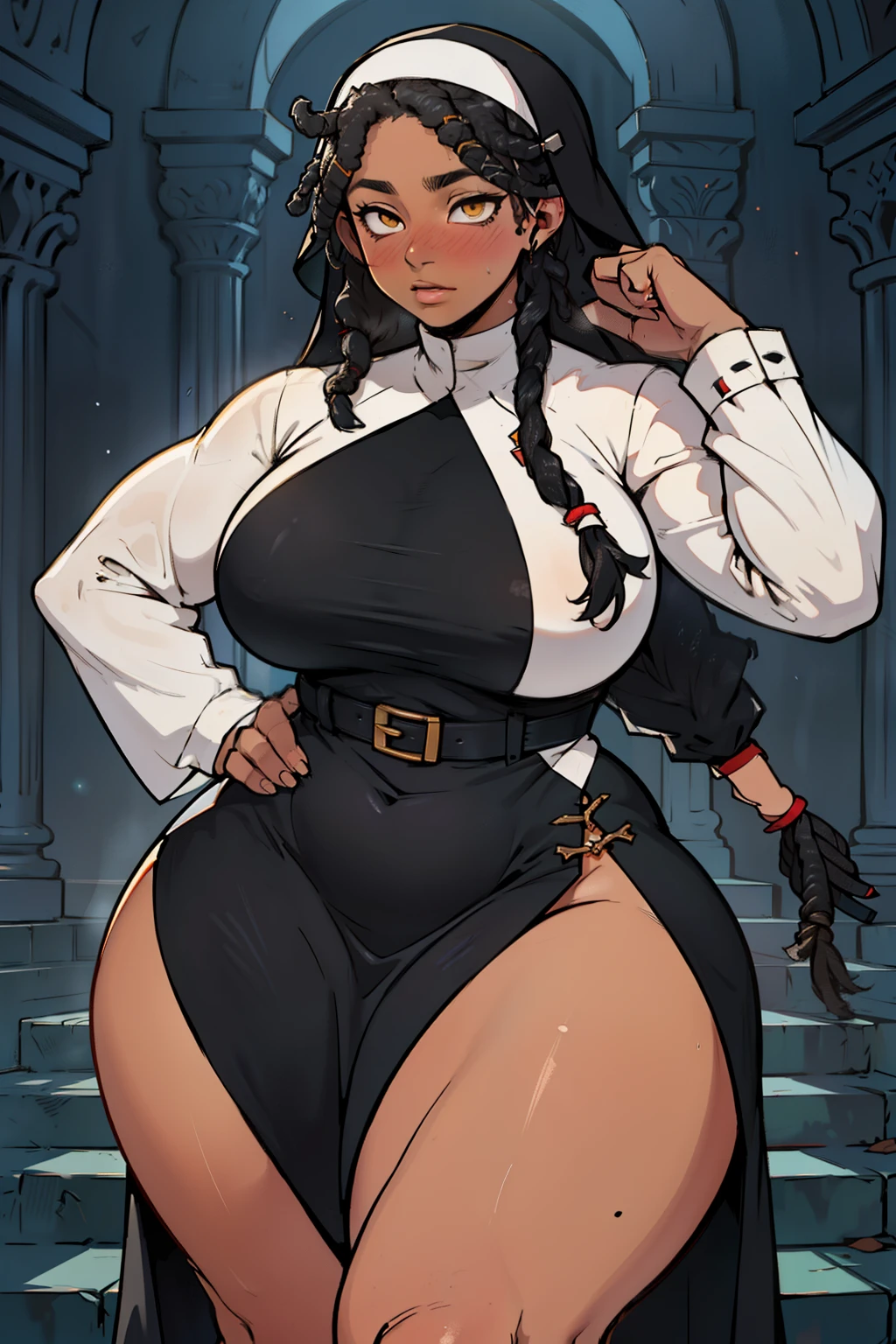 1girl solo shoulder length black dreadlocks yellow eyes dark dark dark skinned chubby curvy chubby curvy body huge thighs thick thighs girl tight religious nun dress confused blushing tight religious nun dress long sleeves thick thick thick thick ((dreadlock’s dreadlocks dreadlocks dreadlocks))
