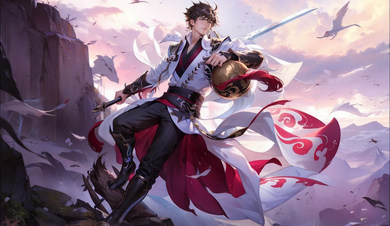 um close up de uma pessoa segurando uma espada e um escudo, por Yang J, Heise Jinyao, keqing do impacto genshin, zhongli do impacto genshin, cai xukun, arte oficial, mobile wallpaper, handsome guy in demon slayer art, inspired por Yang Jin, Qi Yang, inspirado em Huang Shen, olchas logan cura liang xing