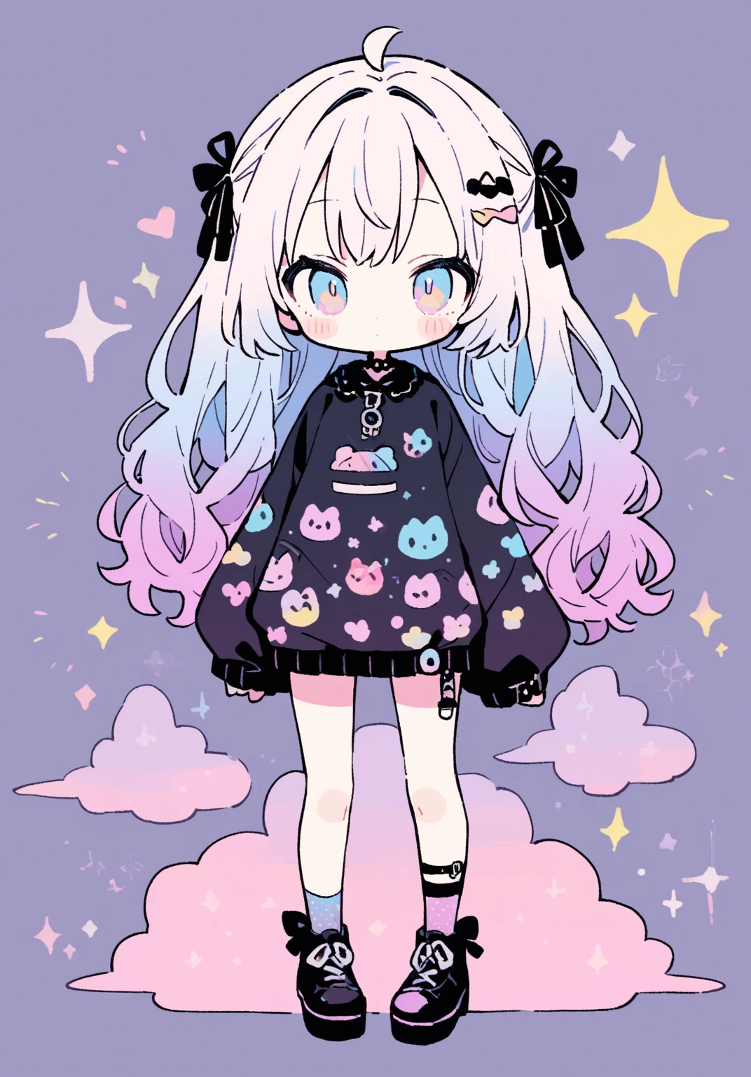 tegaki chibi Solo 1girl pastel colors gradient flat chest Gothic full body
