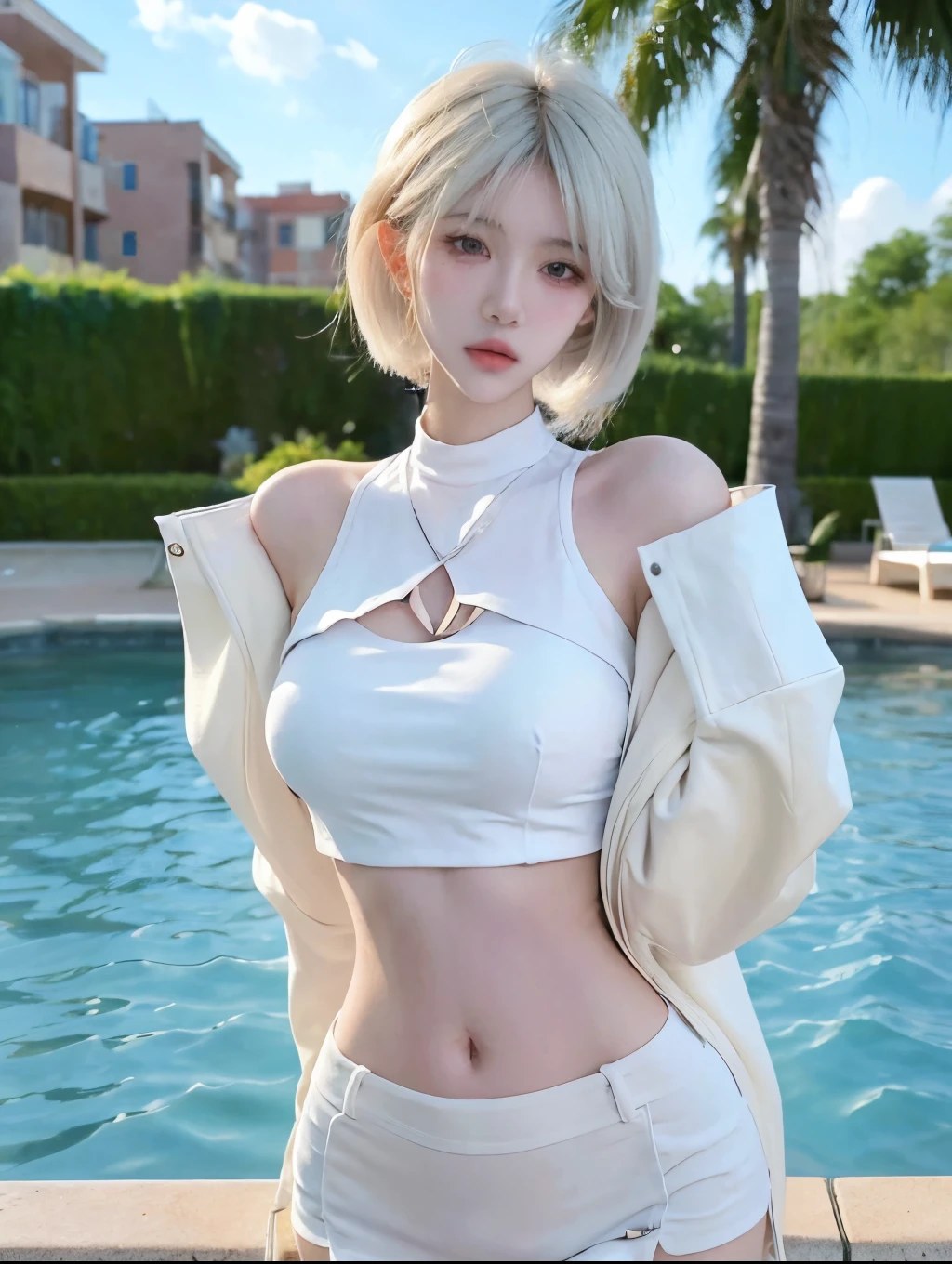 Beautiful woman with perfect figure：1.4，Layered hairstyle，White skin，Prominent cleavage，Bikini：1.5，Super short pleated skirt，whole body，Very delicate facial and skin texture，Double eyelids，Skin Whitening，Long white hair