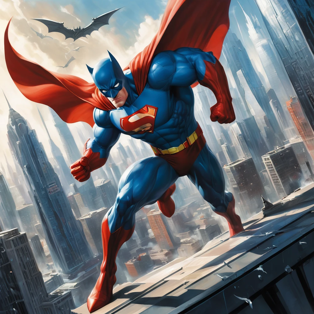 Create an incredibly dynamic and visually stunning image inspired by the "Alex Ross Splash" style. Imagine an epic scene where a team of superheroes stands united against a backdrop of a bustling, futuristic city. The central figure is a powerful, caped hero, captured mid-action with their cape billowing dramatically and muscles tensed, ready for battle. Surrounding them are their diverse allies, each in striking, detailed costumes that reflect their unique powers and personalities.
The scene is lit with a dramatic, high-contrast light, casting deep shadows and highlighting the intricate details of the characters and their costumes. The background features towering skyscrapers, flying vehicles, and digital billboards, creating a vibrant, high-tech urban environment.
In the sky above, a menacing villain looms, their presence adding tension and urgency to the scene. The use of rich, saturated colors and meticulous brushwork should capture the intensity and grandeur of the moment, with a sense of depth and realism that brings the characters to life.
The entire image should evoke a sense of heroism, unity, and impending action, paying homage to the iconic, painterly style of Alex Ross while creating a fresh, imaginative, and captivating superhero tableau.