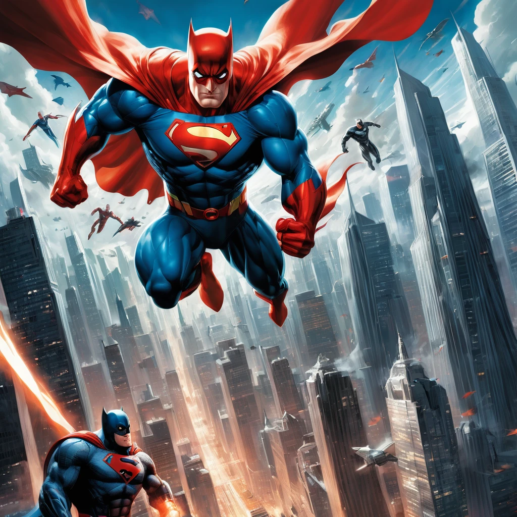 Create an incredibly dynamic and visually stunning image inspired by the "Alex Ross Splash" style. Imagine an epic scene where a team of superheroes stands united against a backdrop of a bustling, futuristic city. The central figure is a powerful, caped hero, captured mid-action with their cape billowing dramatically and muscles tensed, ready for battle. Surrounding them are their diverse allies, each in striking, detailed costumes that reflect their unique powers and personalities.
The scene is lit with a dramatic, high-contrast light, casting deep shadows and highlighting the intricate details of the characters and their costumes. The background features towering skyscrapers, flying vehicles, and digital billboards, creating a vibrant, high-tech urban environment.
In the sky above, a menacing villain looms, their presence adding tension and urgency to the scene. The use of rich, saturated colors and meticulous brushwork should capture the intensity and grandeur of the moment, with a sense of depth and realism that brings the characters to life.
The entire image should evoke a sense of heroism, unity, and impending action, paying homage to the iconic, painterly style of Alex Ross while creating a fresh, imaginative, and captivating superhero tableau.