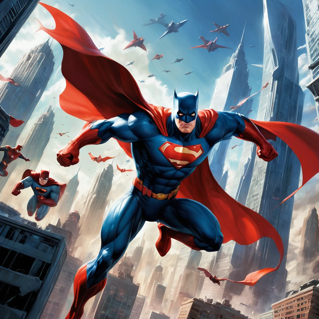 Create an incredibly dynamic and visually stunning image inspired by the "Alex Ross Splash" style. Imagine an epic scene where a team of superheroes stands united against a backdrop of a bustling, futuristic city. The central figure is a powerful, caped hero, captured mid-action with their cape billowing dramatically and muscles tensed, ready for battle. Surrounding them are their diverse allies, each in striking, detailed costumes that reflect their unique powers and personalities.
The scene is lit with a dramatic, high-contrast light, casting deep shadows and highlighting the intricate details of the characters and their costumes. The background features towering skyscrapers, flying vehicles, and digital billboards, creating a vibrant, high-tech urban environment.
In the sky above, a menacing villain looms, their presence adding tension and urgency to the scene. The use of rich, saturated colors and meticulous brushwork should capture the intensity and grandeur of the moment, with a sense of depth and realism that brings the characters to life.
The entire image should evoke a sense of heroism, unity, and impending action, paying homage to the iconic, painterly style of Alex Ross while creating a fresh, imaginative, and captivating superhero tableau.