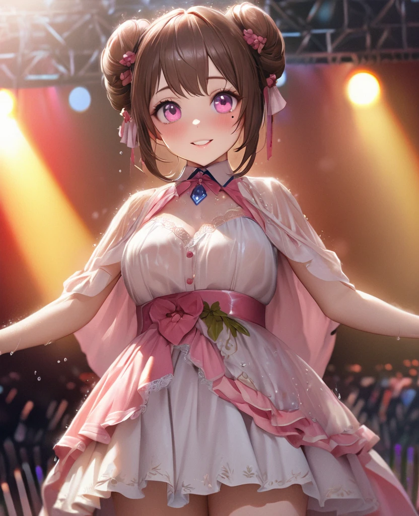 One Girl、Looking at the audience、lovely,
Beautiful pink eyes、Two brown double hair buns , Mole under the eye、Plump and glossy lips、Heart-shaped choca、Idol、Her name is May,smile、ー、。.。.。.。.。.。.。.。.。.。.。.。.。.。.。.。.。.。.3D、Realistic、
The idol's costume was soaked in the heavy rain, and her chest was wet and transparent.Heavy rain at outdoor concert, Drape clothes、gem、The decoration has been removed、Floral、Lace trim,On a glittering stage、
masterpiece、highest quality、8k、Detailed skin texture、Detailed cloth texture、Beautifully detailed face、Intricate details、Very detailed、
超A high resolution、8k Ultra HD、Film Grain、Best Shadow、delicate、Gazing at the audience、front