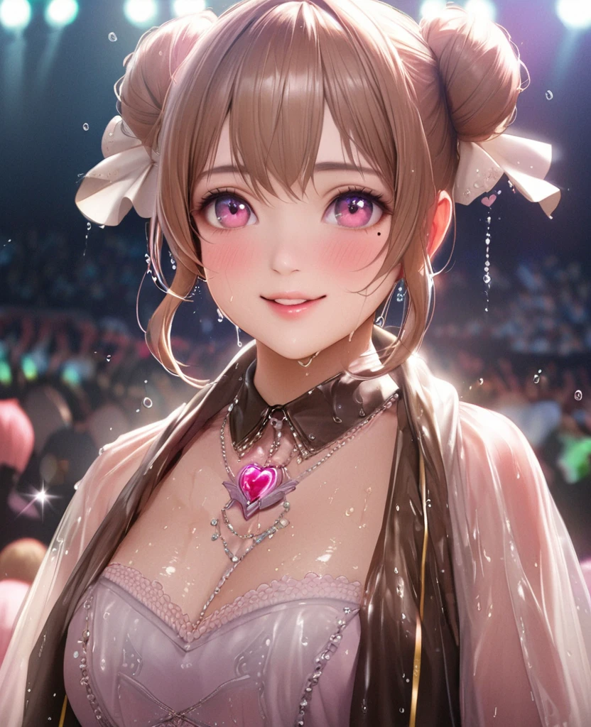 One Girl、Looking at the audience、lovely,
Beautiful pink eyes、Two brown double hair buns , Mole under the eye、Plump and glossy lips、Heart-shaped choca、Idol、Her name is May,smile、ー、。.。.。.。.。.。.。.。.。.。.。.。.。.。.。.。.。.。.3D、Realistic、
The idol's costume was soaked in the heavy rain, and her chest was wet and transparent.Heavy rain at outdoor concert, Drape clothes、gem、The decoration has been removed、Floral、Lace trim,On a glittering stage、
masterpiece、highest quality、8k、Detailed skin texture、Detailed cloth texture、Beautifully detailed face、Intricate details、Very detailed、
超A high resolution、8k Ultra HD、Film Grain、Best Shadow、delicate、Gazing at the audience、front