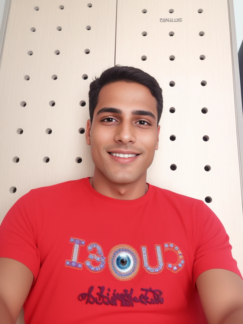 (highres,best quality:1.2),portrait,smiling young indian 20 y. o. man looking at smartphone camera,boat headphone,eye-catching expression,stylish haircut,youthful appearance,modern clothing,confident gaze,piercing eyes,meticulously detailed face,slightly raised eyebrow,facial hair(detail:1.1),strong jawline,dazzling smile,warm and friendly atmosphere,shallow depth of field,dreamy bokeh effect,vibrant colors,soft and natural lighting,studio setup