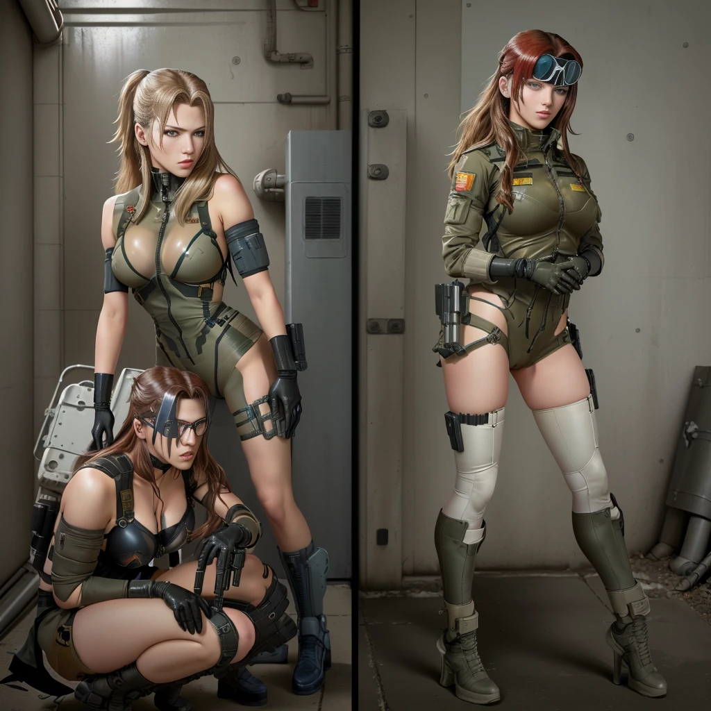 there are two pictures of a woman in a uniform and a man in a suit, metal gear solid art style, metal gear solid style, metal gear solid inspired, inspired by Masamune Shirow, metal gear solid anime cyberpunk, video game fanart, from metal gear, metal gear style, commission for high res, cyberpunk women, metal gear solid concept art