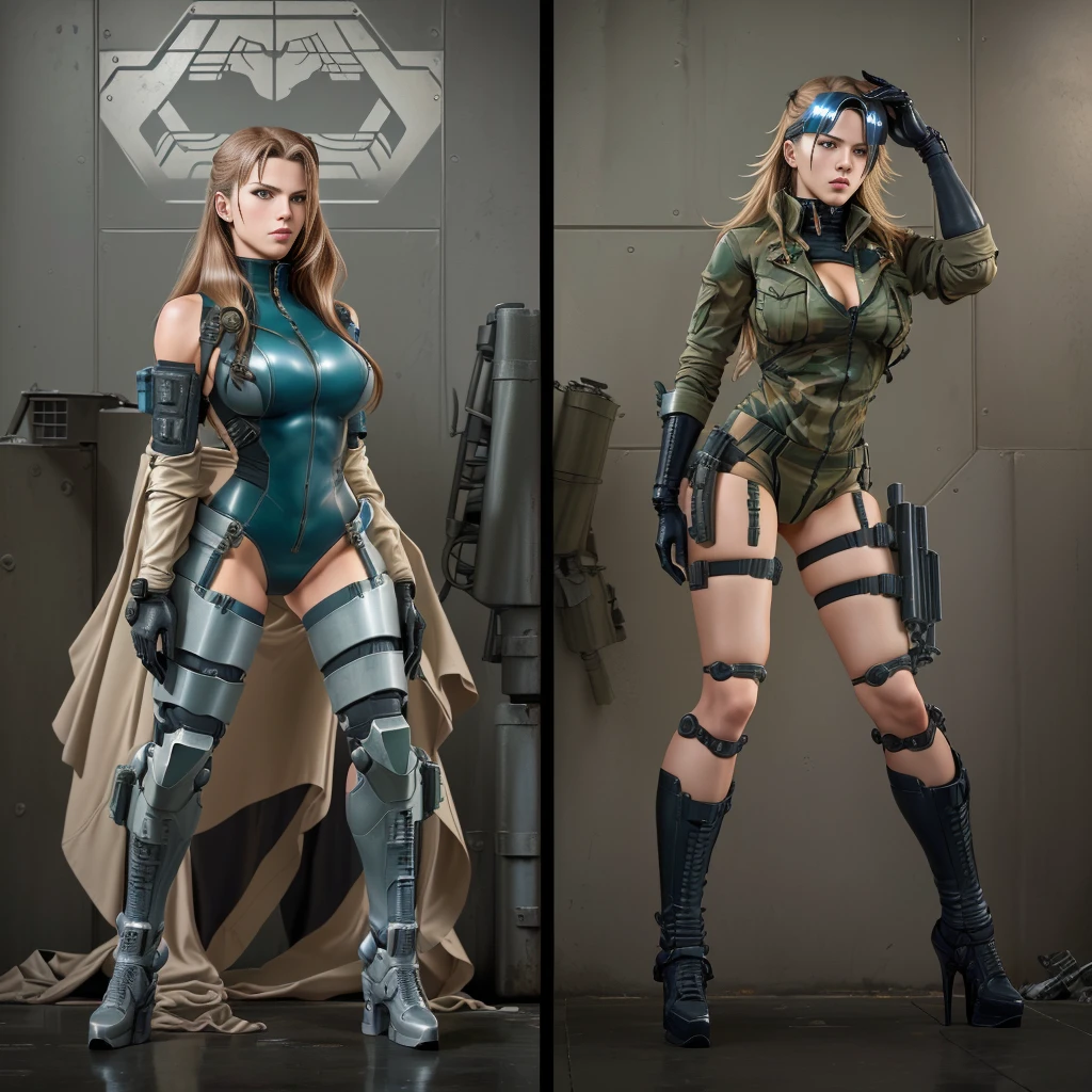 there are two pictures of a woman in a uniform and a man in a suit, metal gear solid art style, metal gear solid style, metal gear solid inspired, inspired by Masamune Shirow, metal gear solid anime cyberpunk, video game fanart, from metal gear, metal gear style, commission for high res, cyberpunk women, metal gear solid concept art