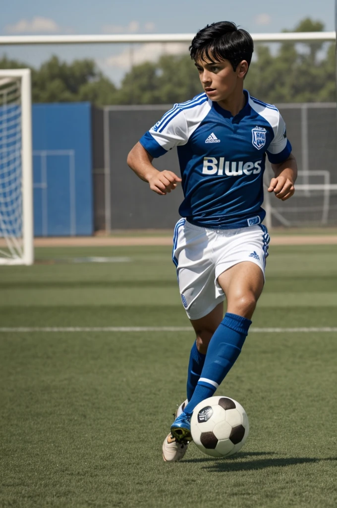 Make a boy playing soccer with short black hair, brown eyes, a ring, and a blue and white uniform.