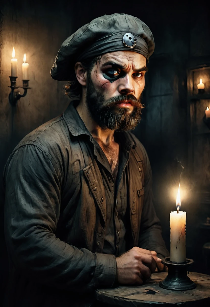 ((an anxious man with a (black patch:1.4) eye: 1.4)), rough bearded face, wearing a hat, holding a candle, in a dark room, dramatic lighting, film composition, digital painting, film lighting, muted color palette, moody atmosphere, High definition, 8k.