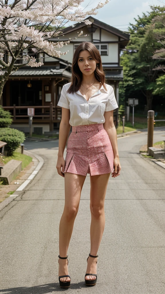 (Full body image:1.5),(Are standing:1.3),Officer Blaze, Short sleeve shirt, Small neckline, mini skirt, High heels, Country roads in Japan, Cherry tree