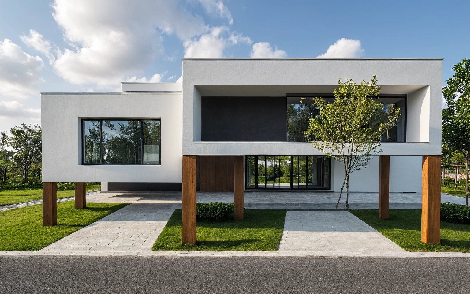 Masterpiece, high quality, best quality, authentic, super detail, outdoors, onestoreyvillaXL, aiaigroup, house style modern on the street ,stairs, white wall ,road,pavement, grass, trees, sky, cloud, (daylight:1.1)