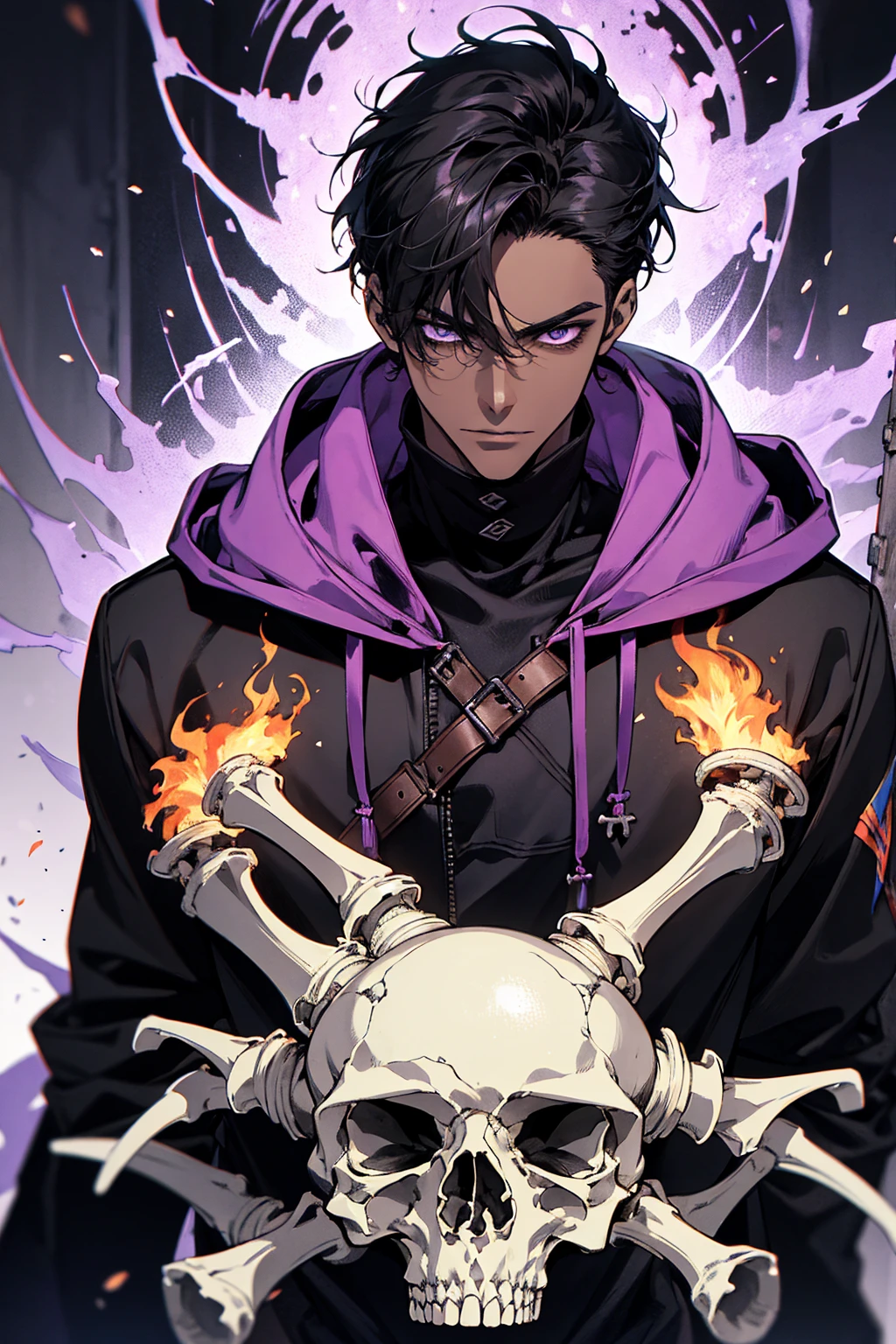 male with bones, looking away from camera, skulls, bones, handsome, black, dark skin, tall, broad shoulders, black hair, purple, purple fire, magic, detailed face, fantasy, hoodie