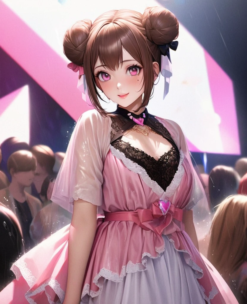 One Girl、Looking at the audience、lovely,
Beautiful pink eyes、Two brown double hair buns , Mole under the eye、Plump and glossy lips、Heart-shaped choca、Idol、Her name is May,smile、ー、。.。.。.。.。.。.。.。.。.。.。.。.。.。.。.。.。.。.3D、Realistic、
The idol's costume was soaked in the heavy rain, and her chest was wet and transparent.Heavy rain at outdoor concert, Drape clothes、gem、The decoration has been removed、Floral、Lace trim,On a glittering stage、
masterpiece、highest quality、8k、Detailed skin texture、Detailed cloth texture、Beautifully detailed face、Intricate details、Very detailed、
超A high resolution、8k Ultra HD、Film Grain、Best Shadow、delicate、Gazing at the audience、front