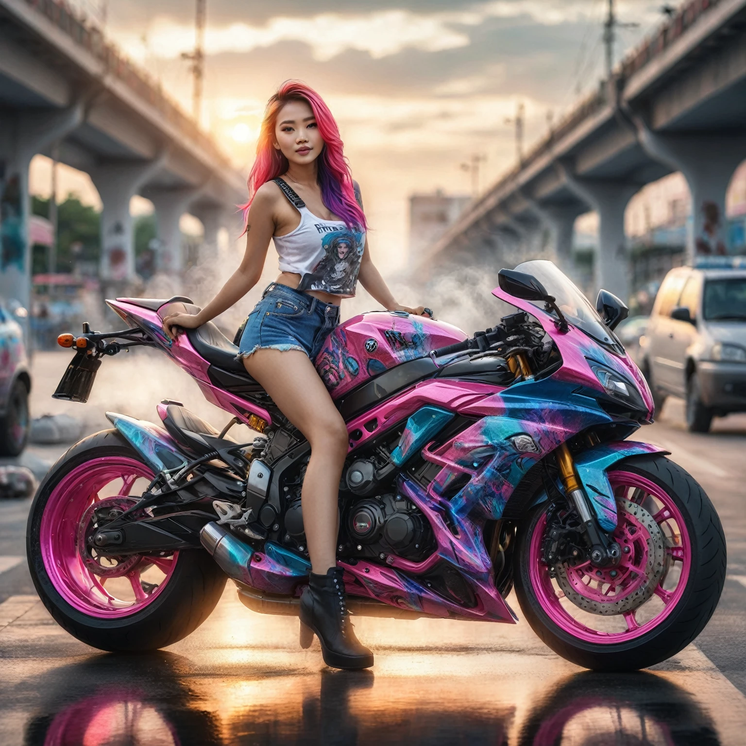 a beautiful thai woman with colorful hair style ridding on a motorcycle with a pink and blue paint job, motorcycles, sitting on a motorcycle, airbrush style, r6, picture of a female biker, wearing casual outfit, great masterpiece, full colored, brilliantly colored, motorbiker, ridding on cyberpunk motorbike, riding a motorcycle, motorbike, nice colors, hyper realistic color photo, fully colored, biker, profile picture 1536px, soft bokeh on the foreground