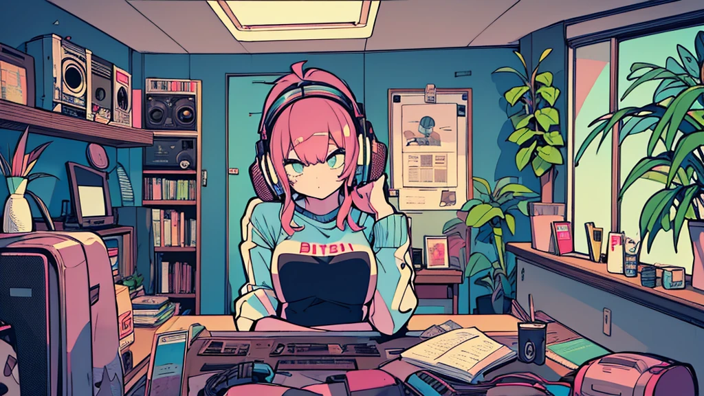 Best quality, (masterpiece:1.2), best detail face,1 girl, big breasts, 18 yo, 8k,absurdres,unity 8k wall paper,(extremely detailed:1.3), highest realistic, (retro headphones:1.1), (soft neon light:1.1), Her room full of music equipment and plants, Leaning back on the chair with a casual attitude, clothing in summer, ((A retro mascot in the room)), natural color palette