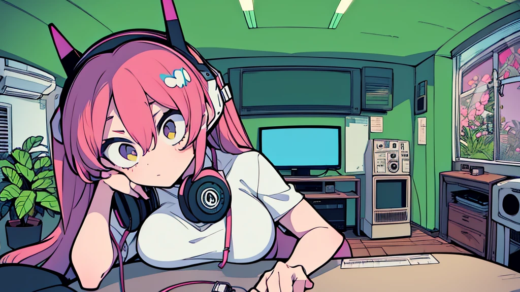 Best quality, (masterpiece:1.2), best detail face,1 girl, big breasts, 18 yo, 8k,absurdres,unity 8k wall paper,(extremely detailed:1.3), highest realistic, (retro headphones:1.1), (soft neon light:1.1), Her room full of music equipment and plants, Leaning back on the chair with a casual attitude, clothing in summer, ((A retro mascot in the room)), natural color palette