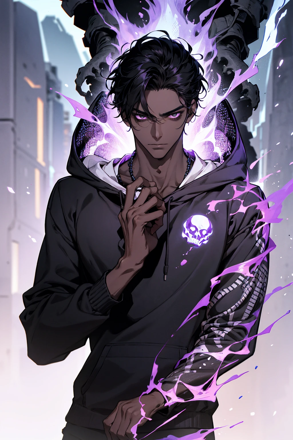 male with bones, looking away from camera, skulls, bones, handsome, black, dark skin, tall, broad shoulders, black hair, purple, purple fire, magic, detailed face, fantasy, hoodie