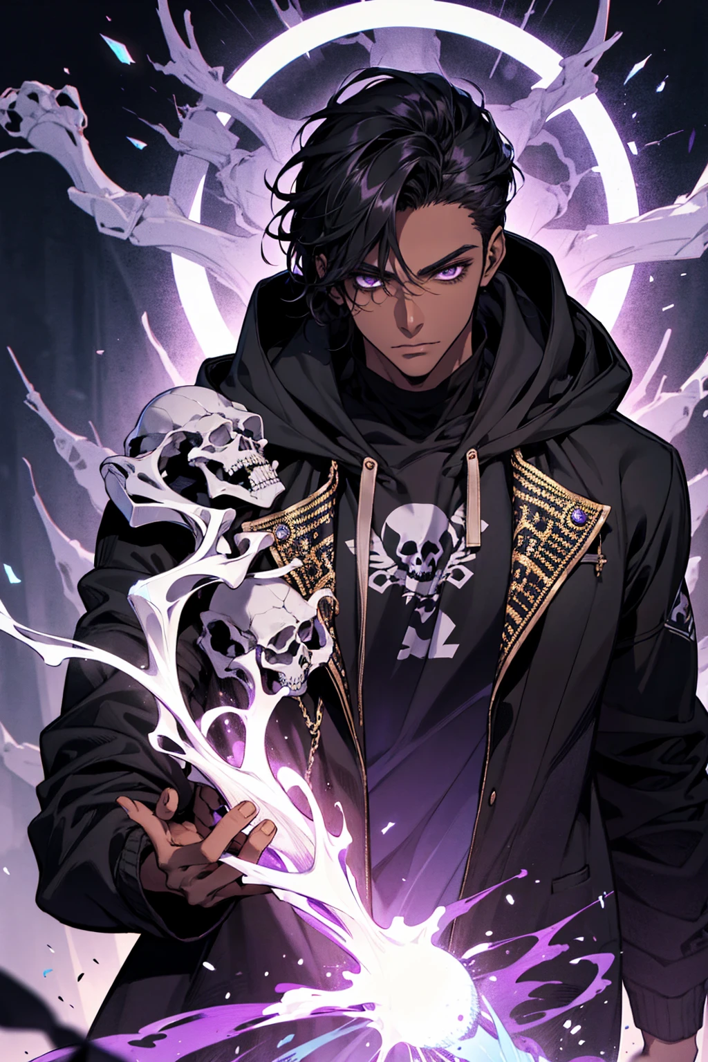male with bones, looking away from camera, skulls, bones, handsome, black, dark skin, tall, broad shoulders, black hair, purple, purple fire, magic, detailed face, fantasy, hoodie