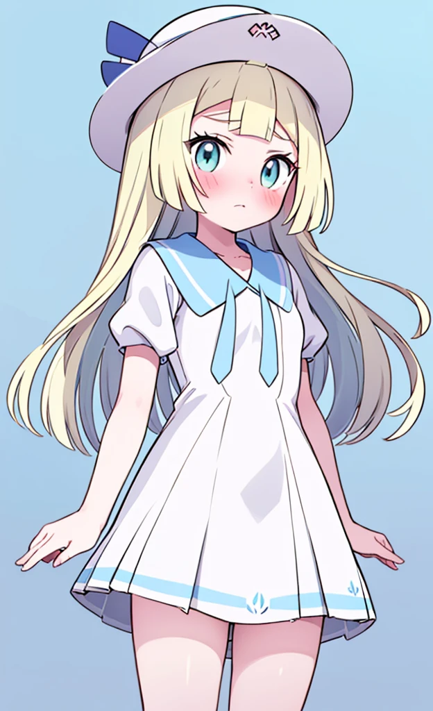 masterpiece,best quality,1 girl,solo,blush with embarrassment,Lillie,Pokémon,White Pleated Dresses,White clothes with light blue collar,Pokémon風の画風,(boldline:1.6),(deluster:1.5),(flat:1.5),White wide-brimmed hat with light blue ribbon, ,, body,