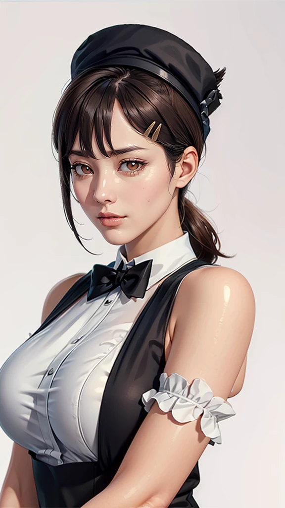 (((Perfect body,White and tender skin,(((Black strap dress, black long bow tie, white lining, black hat))),(((kobeni higashiyama, black hair, hair ornament, hairclip, ponytail, short hair, (brown eyes:1.5),))),((masterpiece)),highres,((Best quality at best)),masterpiece,quality,Best quality,((( Exquisite facial features,Looking at the audience,There is light in the eyes,(((pain,endure))),))),(((Light and shadow,Huge breasts,))),(((Looking at the camera,White background))))