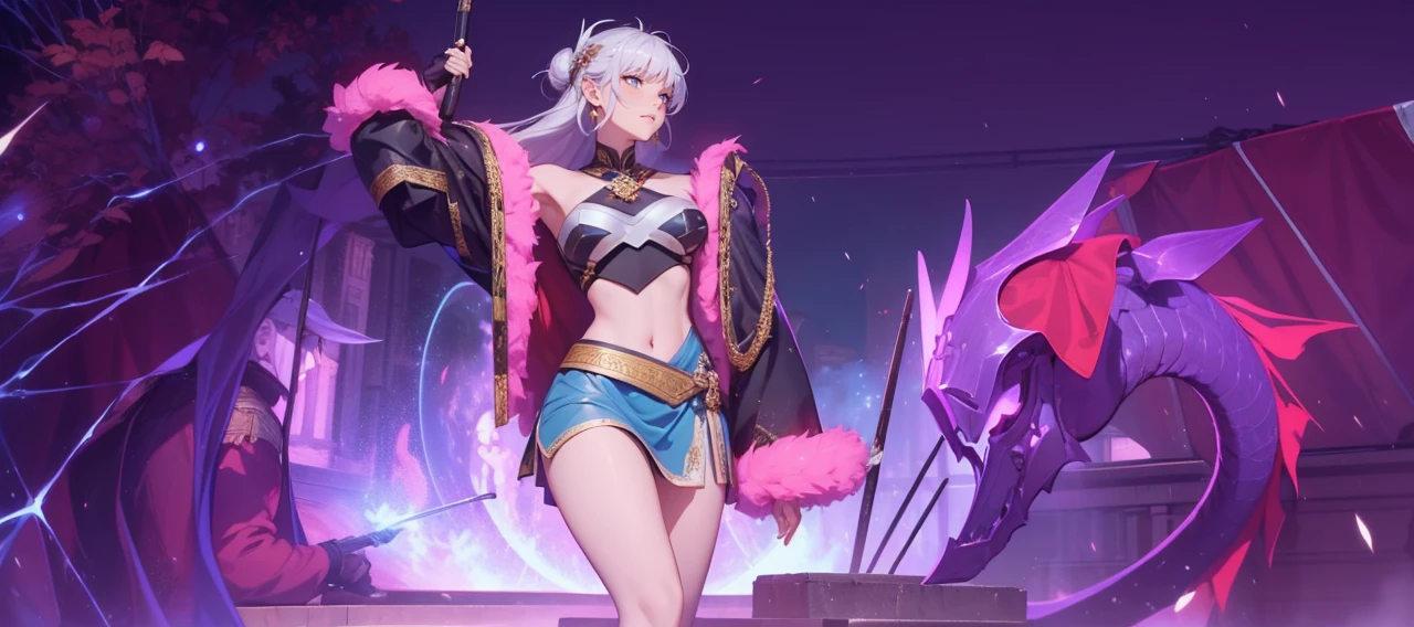 8k, masterpiece, best quality, highly detailed, 1girl, tiefling, solo, multicolored hair, very short straight hair green highlight hair on white hair, strippled hair, wearing glasses, earrings, necklace, navel piercing, collarbone, cleavage, short skirts, high heels, mole, glamorous, teal and purple clothing, villainy, smirk, seductive pose, close ups view, rings, looking at viewer, standing, demon horns, demon tail, fantasy world, cheerleader costumes, holding pompoms