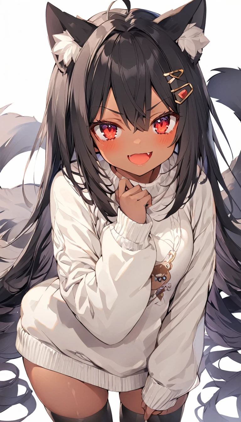 highres,1girl,animal ears,bangs,black hair,blush,red eyes,open mouth,fang,dark-skinned female,hair between eyes,hair ornament,hairclip,looking at viewer,smile,solo,v-shaped eyebrows,very long hair,thighhighs,underwear,sweater,nekomimi,