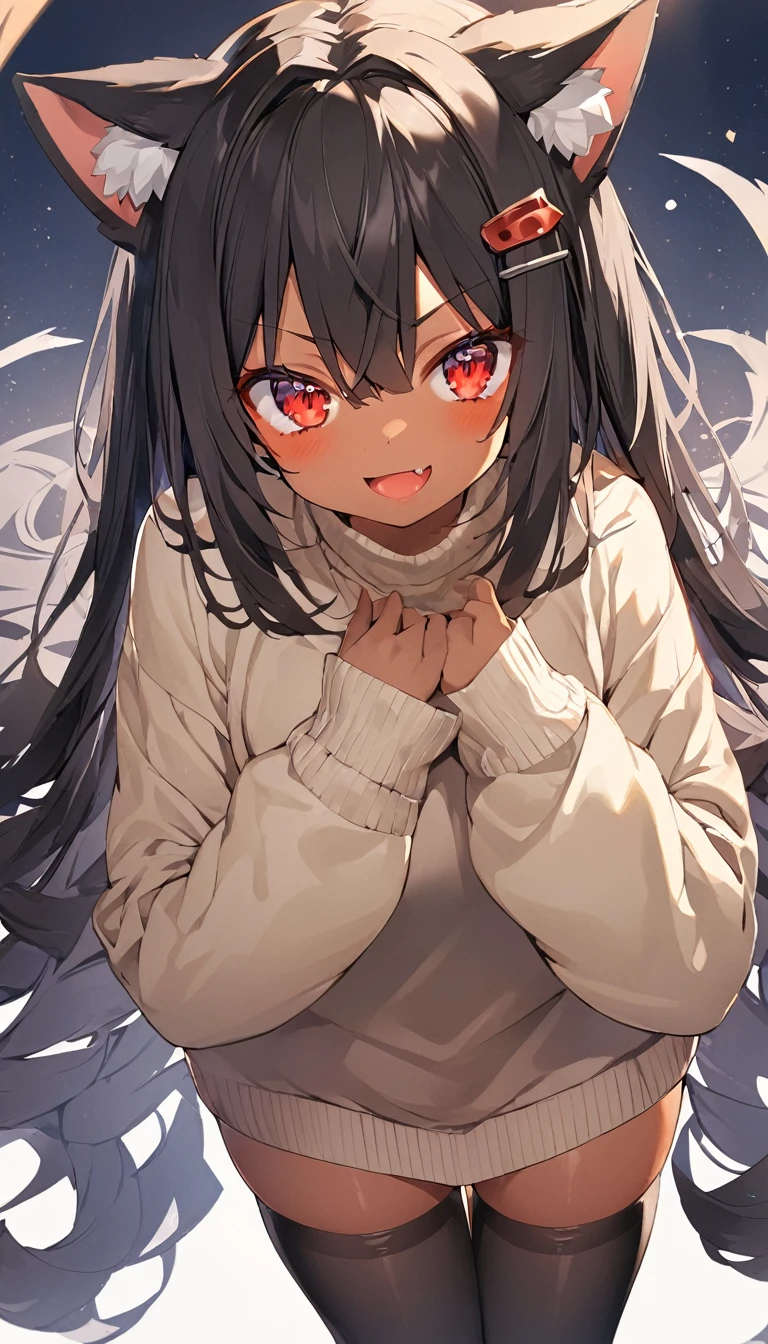 highres,1girl,animal ears,bangs,black hair,blush,red eyes,open mouth,fang,dark-skinned female,hair between eyes,hair ornament,hairclip,looking at viewer,smile,solo,v-shaped eyebrows,very long hair,thighhighs,underwear,sweater,nekomimi,