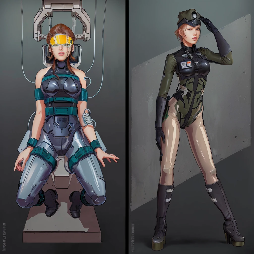there are two pictures of a woman in a uniform and a man in a suit, metal gear solid art style, metal gear solid style, metal gear solid inspired, inspired by Masamune Shirow, metal gear solid anime cyberpunk, video game fanart, from metal gear, metal gear style, commission for high res, cyberpunk women, metal gear solid concept art